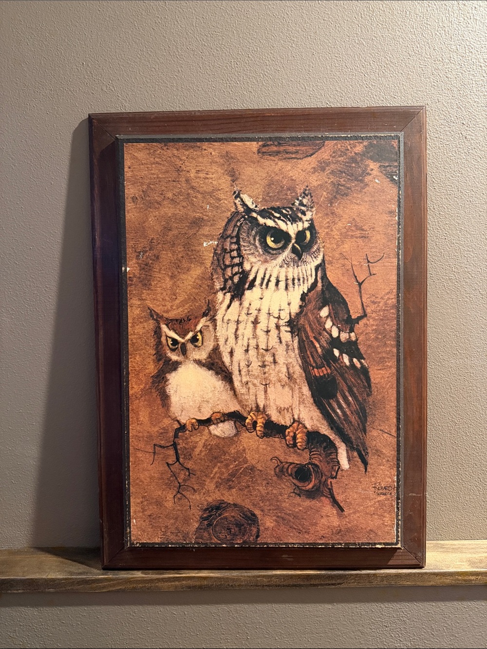 Vintage Richard Hinger Screech Vintage Owl Wood Framed Picture Print Wall Art